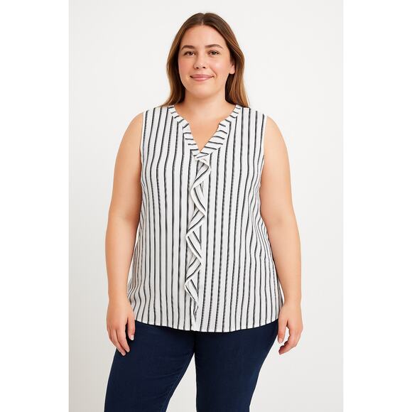 2/$30 Merona Plus Sleeveless Ruffle‑Front Blouse 2XL Women Black‑Ivory Striped - Picture 1 of 10